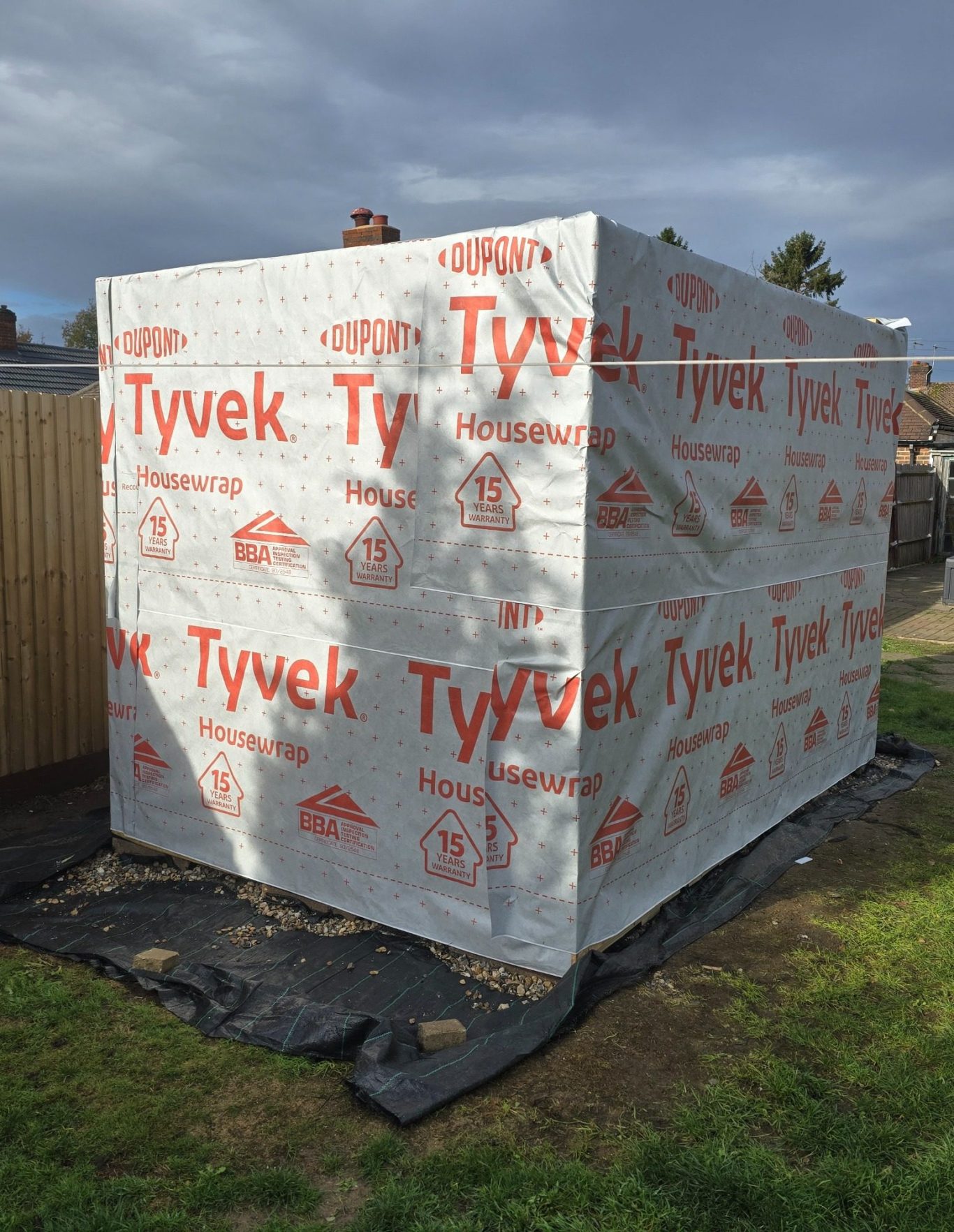 Walls wrapped with breather membrane - Rear view