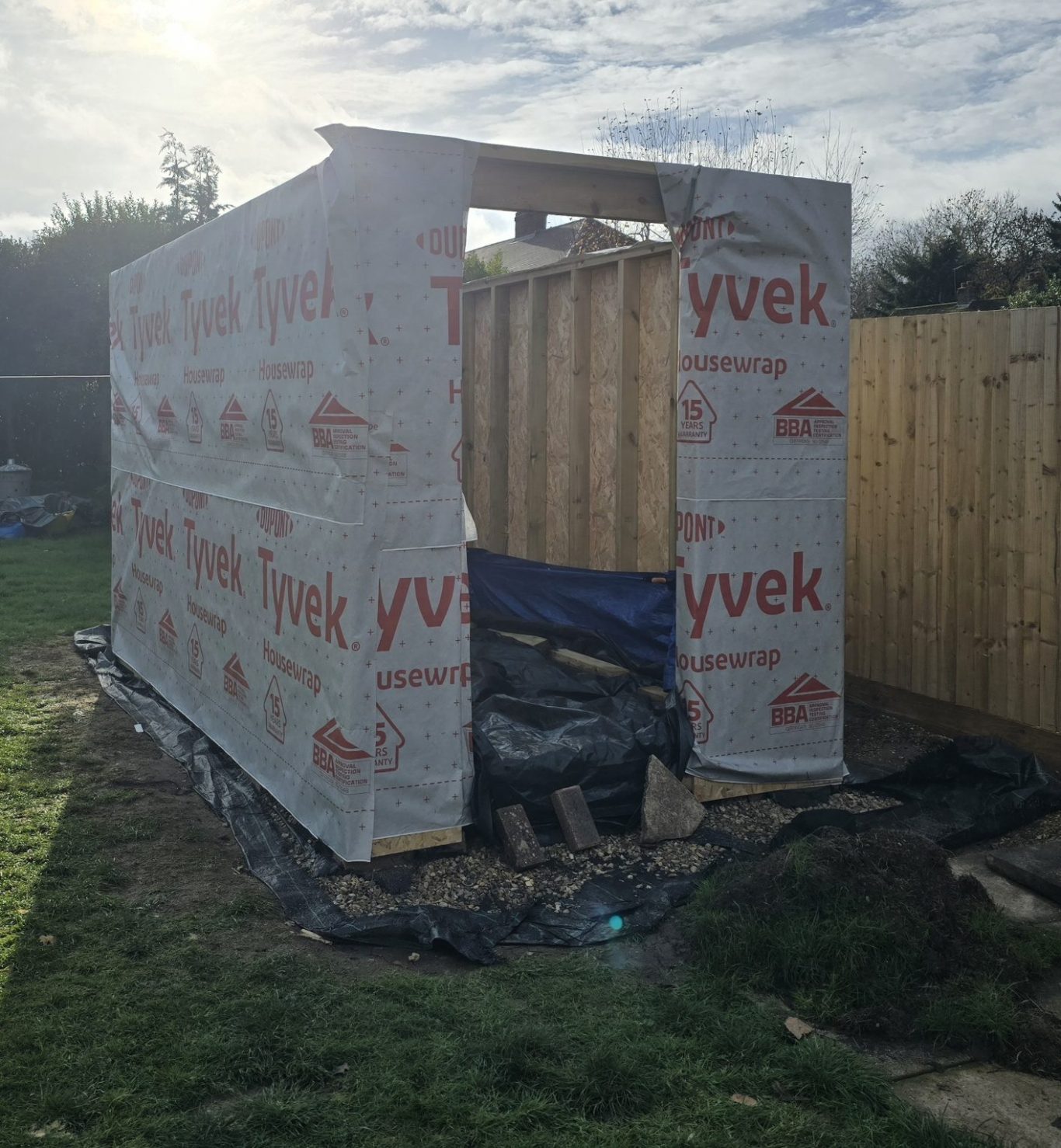 Walls wrapped with breather membrane - Front view